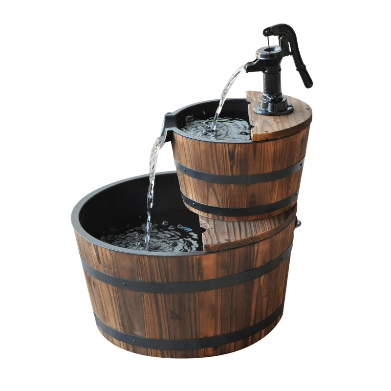 Outsunny 2-Tier Wooden Barrel Water Fountain with Electric Pump Cascading Feature Outdoor Indoor Decoration