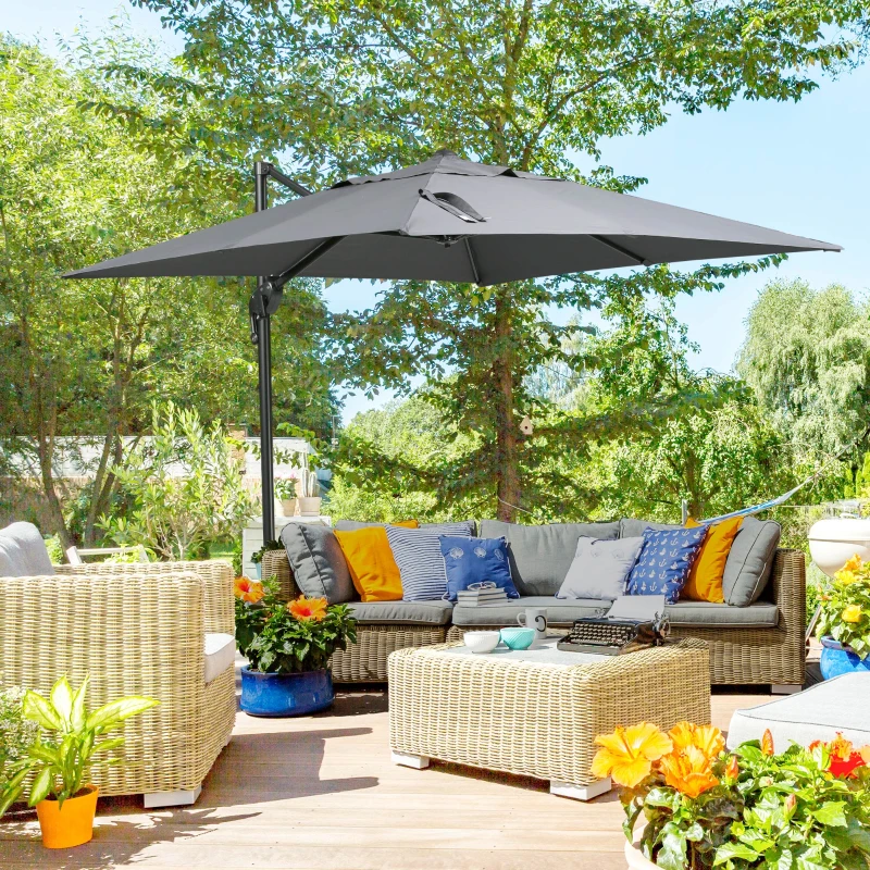 Outsunny 8FT Cantilever Patio Umbrella, Square Outdoor Offset Umbrella with 360° Rotation, Aluminum Hanging Umbrella with 3-Position Tilt, Crank & Cross Base for Garden, Dark Gray