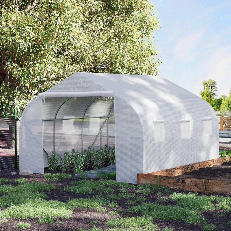 Outsunny 11.5' x 10' x 6.5' Outdoor Walk-in Greenhouse, Tunnel Green House with Roll-up Windows, Zippered Door, PE Cover, Heavy Duty Steel Frame, White