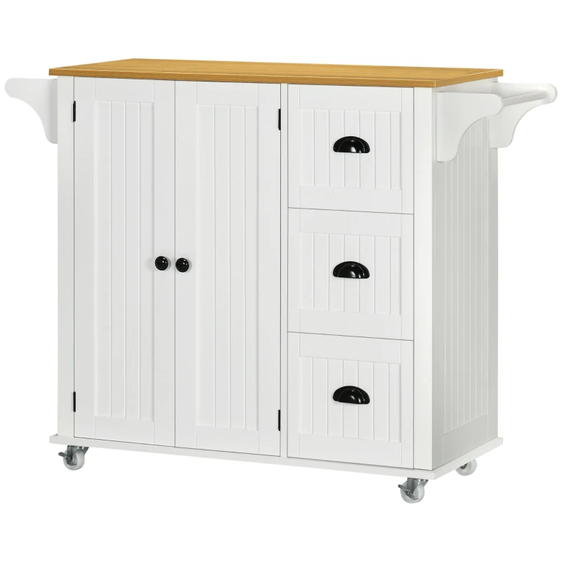 HOMCOM Modern Rolling Kitchen Island Cart with 3 Drawers Towel Rack Double Door Storage Cabinet White