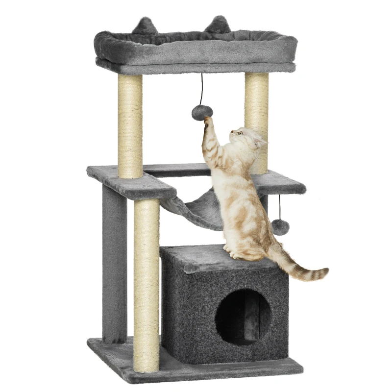 PawHut 39.25'' Cat Tree Tower Multi-Level Kitten House with Scratching Post Condo Hammock Bed Ball Toy - Grey