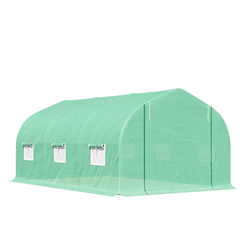 Outsunny 15' x 10' x 7' Walk-in Greenhouse Outdoor Plant Tunnel Warm Hot House w/ Roll Up Door and 6 Mesh Windows, Steel Frame, Green