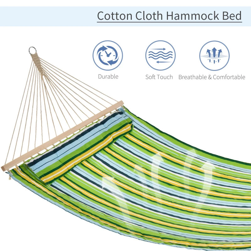 Outsunny 83" Patio Double Hammock, Wide Outdoor Hammock Bed Striped Fits 2 People Sunbed Camping hang Sleep w/ Pillow, White Stripe