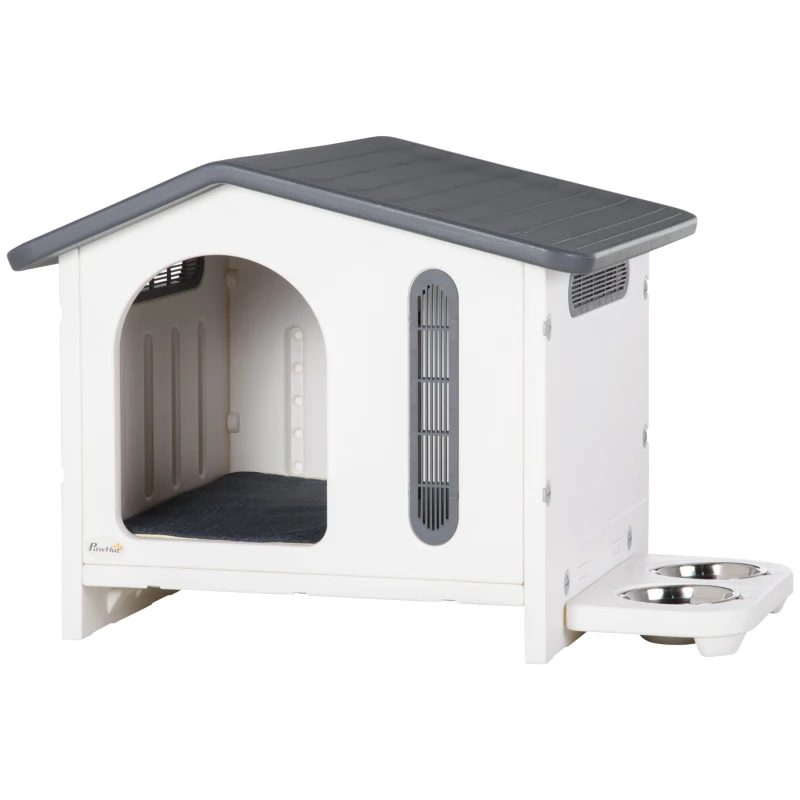 PawHut Plastic Dog House with Air Vents, Small Dog House with Door Opening, Elevated Floor, Bowl Holder, 2 Bowls, Soft Washable Cushion, for Small Sized Dogs, White