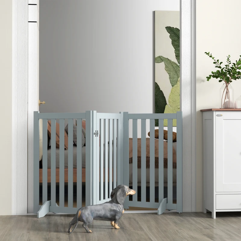 PawHut 3-Panel Foldable Dog Gate with Feet for Medium Dogs and Below, Grey