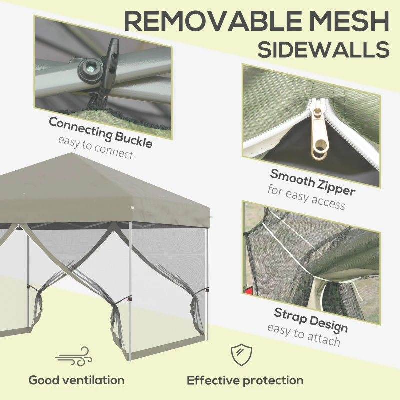 Outsunny 10' x 10' Pop-Up Party Tent Outdoor Canopy Tent with Mesh Sidewalls, 3-Level Adjustable Height, Roller Bag, Beige