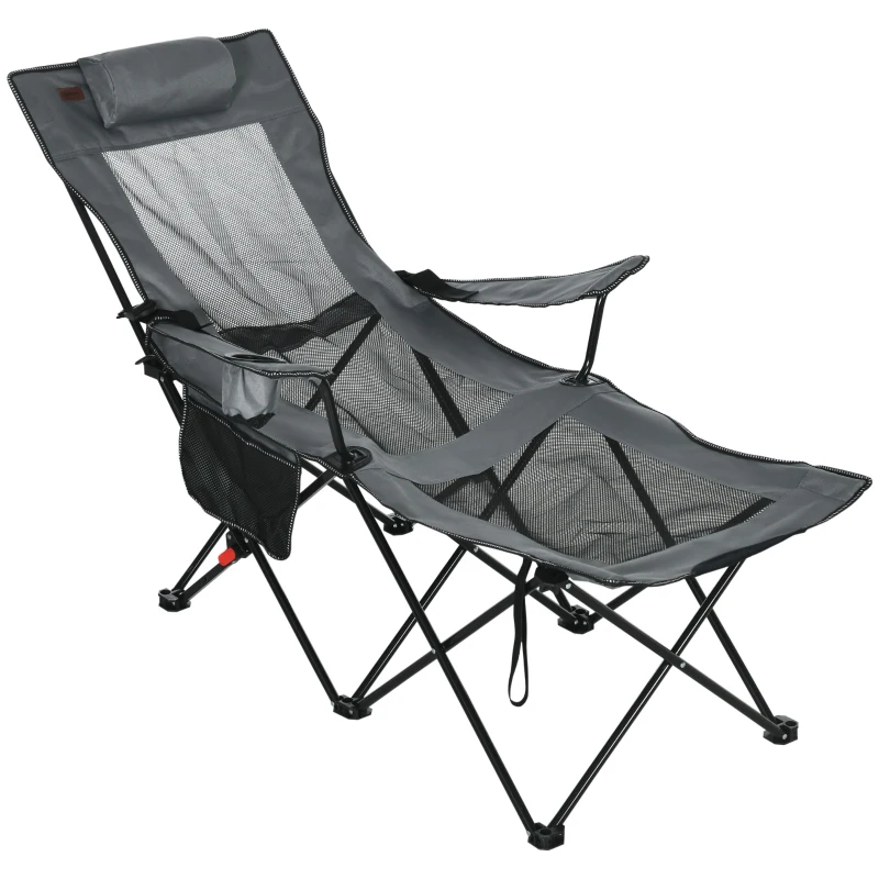 Outsunny Outdoor Folding Chaise Lounge Chair with Reclining Back, Headrest, Cup Holder, Carry Bag for Patio, Camping, Grey