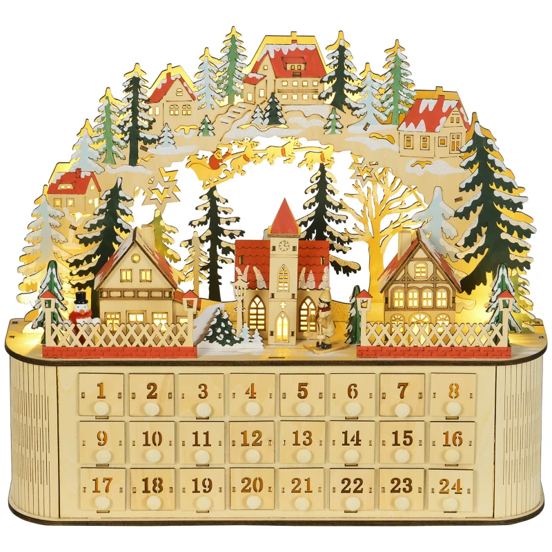 HOMCOM Christmas Advent Calendar, Countdown to Christmas Table Decoration with 24 Drawers, Lights, Battery Operated