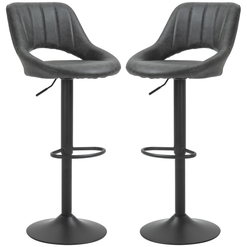HOMCOM  Set of 2 Adjustable Bar Stools with PU Upholstered Back, Footrest, Round Base for Kitchen, Dining Room, Grey