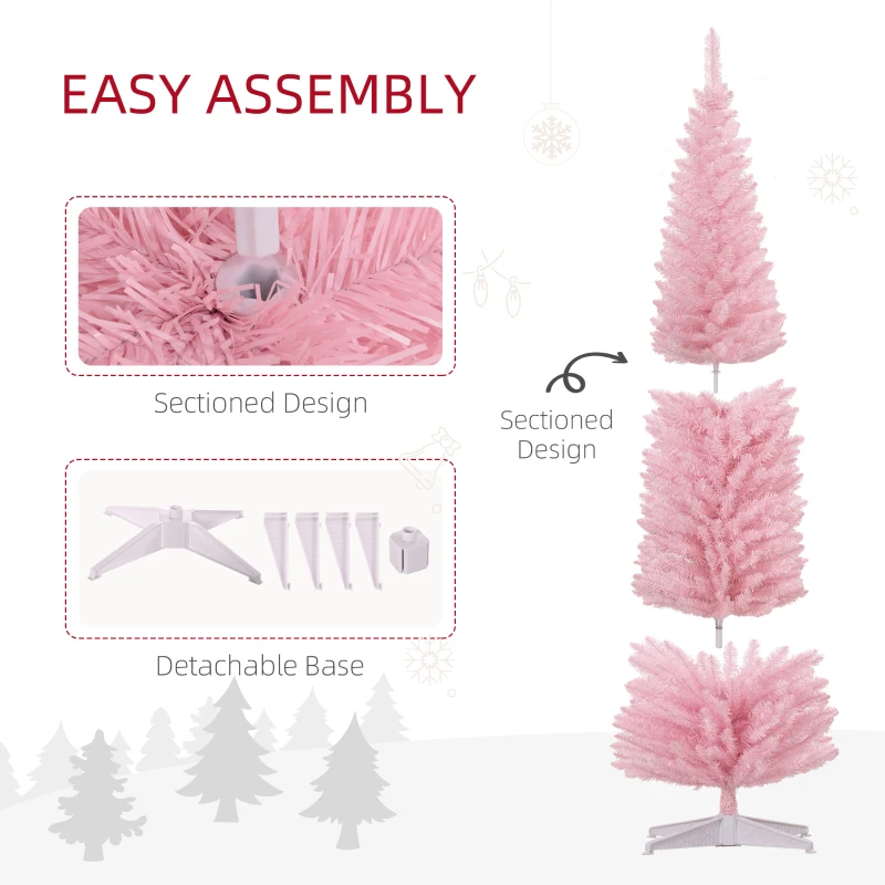 HOMCOM 8ft Unlit Pencil Artificial Christmas Tree with Realistic Branches and 618 Tips, Plastic Base, Pink