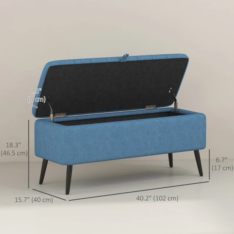HOMCOM 40" Ottoman with Storage, Linen Upholstered Storage Ottoman Bench with Steel Legs for Living Room, Bedroom Dark Blue