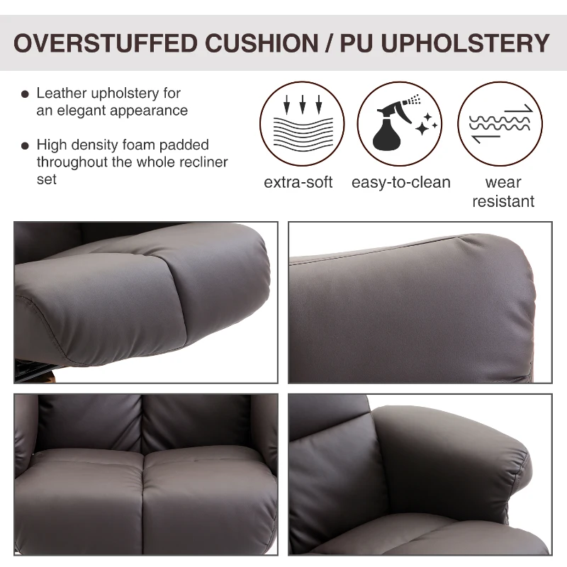 HOMCOM Leather Recliner and Ottoman Set Swivel Lounge Chair With Storage Footrest Wood Base Living Room Furniture Brown