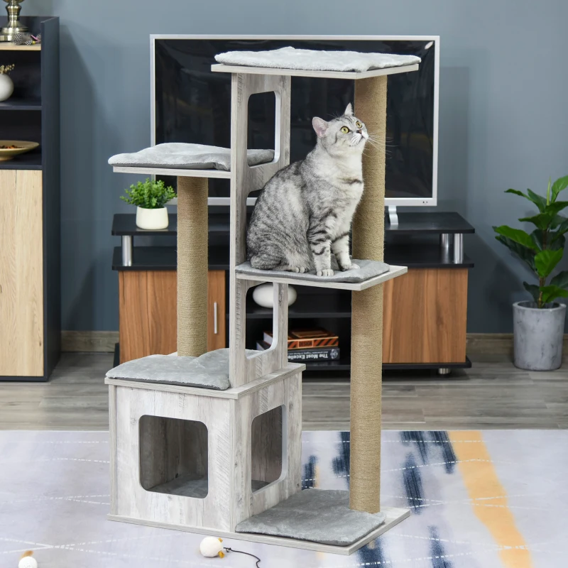 PawHut 45" Deluxe Plush Cat Tree Tower Activity Center Climbing Frame Kitten Play House with Jute Scratching Posts Condo Perch Cushion Grey