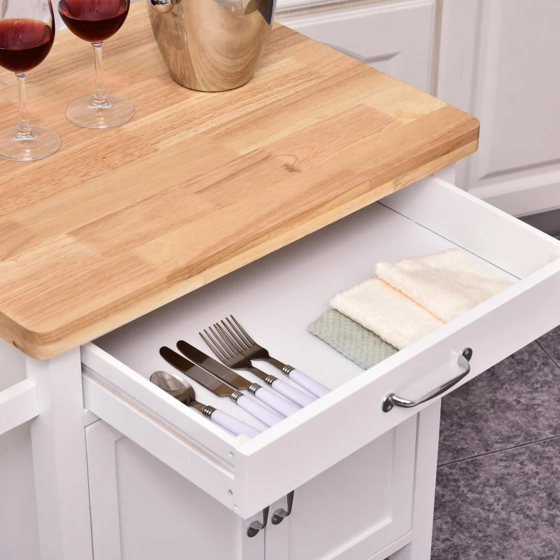 HOMCOM Kitchen Storage Cabinet Trolley Serving Cart Rubber Wood top Rolling Kitchen Island with Towel Rack and Drawer White