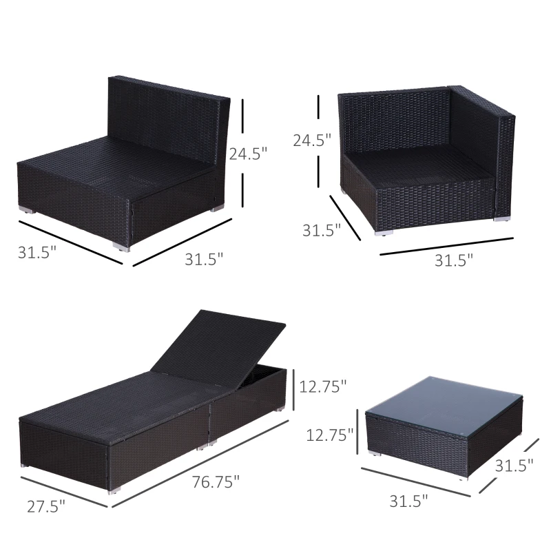 Outsunny 9 Pieces Wicker Patio Furniture Set with Cushion, PE Rattan Outdoor Conversation Set Sectional Sofa Set with 2 Loungers and Glass Tabletop, Aluminum Frame, Coffee & Red