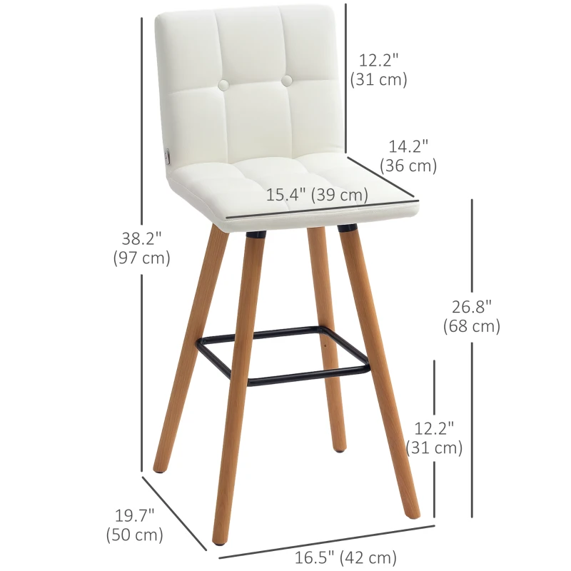 HOMCOM Modern Bar Stools Set of 2, 38" Upholstered Kitchen Island Stool with Solid Wood Legs, White