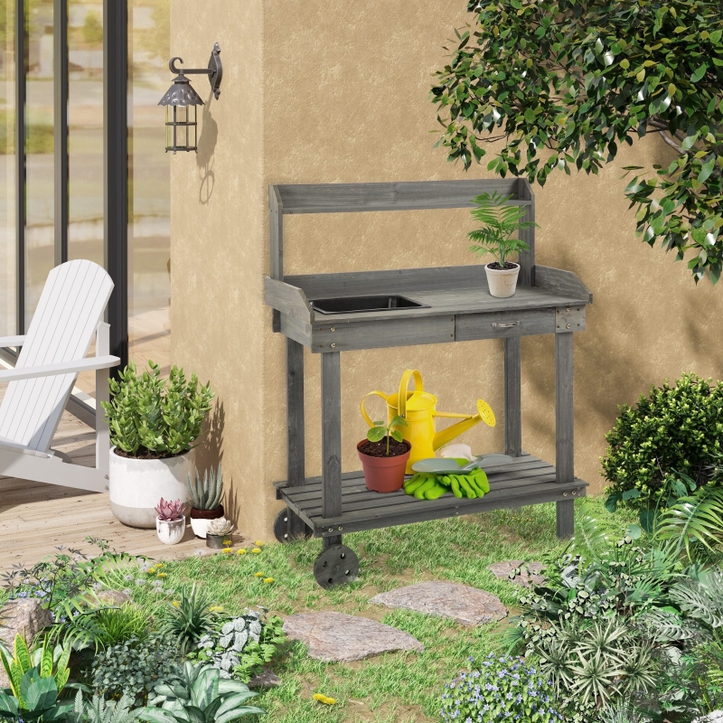 Outsunny 36'' Wooden Potting Bench With Wheels - Gardening Work Table With Sink & Storage
