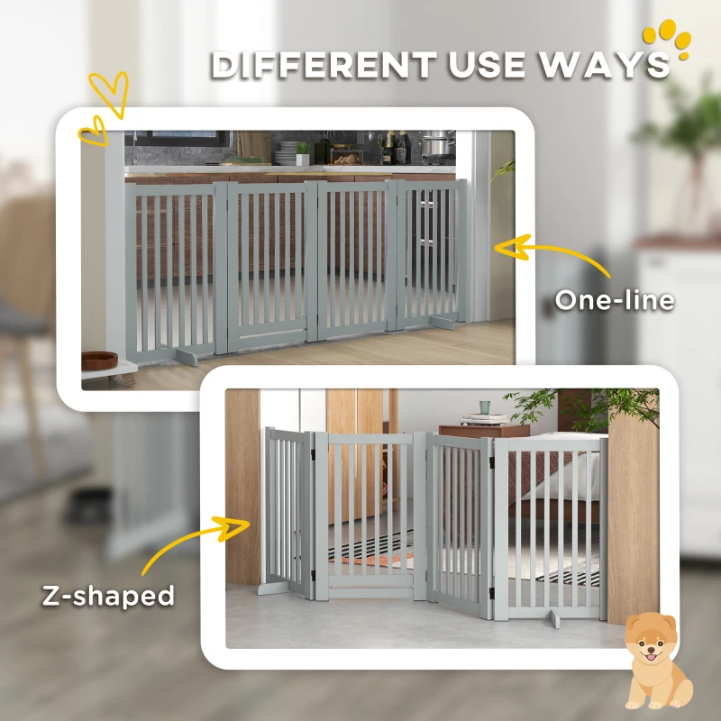PawHut 4 Panel Free Standing Wooden Pet Gate with Open Door Light Grey