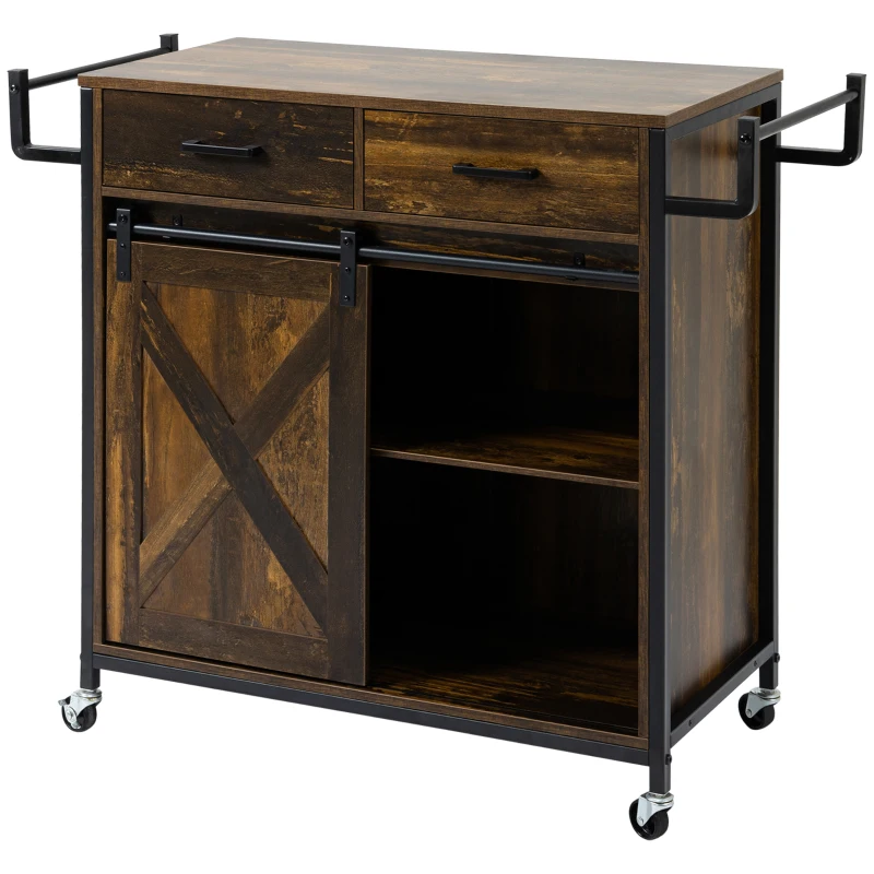HOMCOM Rolling Kitchen Island Cart with Adjustable Shelf, Rustic Brown