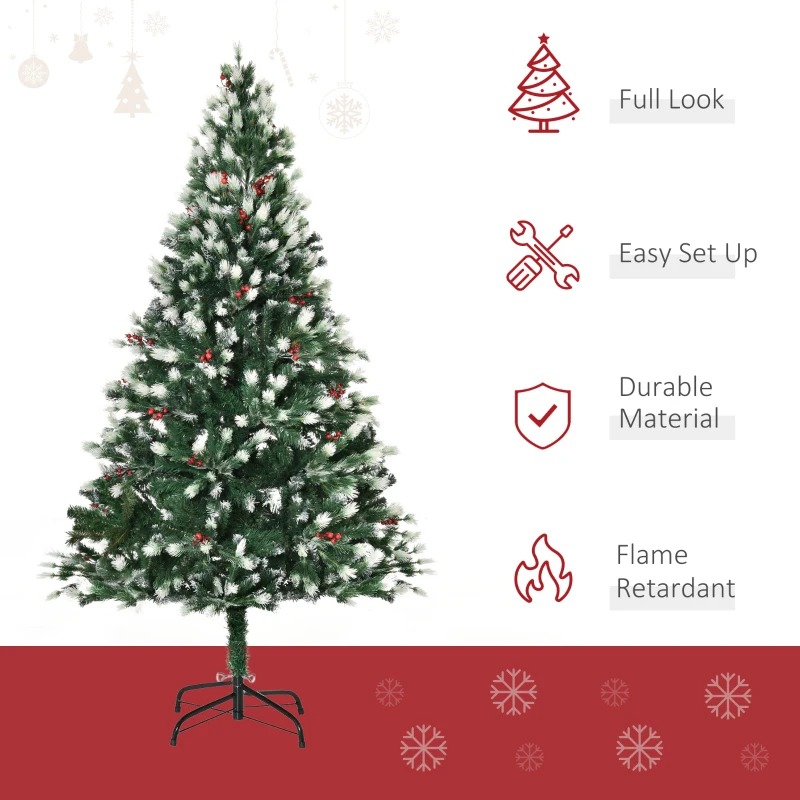 HOMCOM 6' Tall Unlit Snow-Flocked Fir Artificial Christmas Tree with Realistic Branches, Red Berries and 836 Tips, Green / White