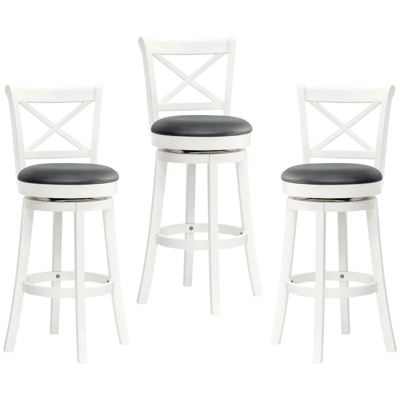 HOMCOM Traditional Bar Height Bar Stool, 31 Inch Seat Height Barstool, Swivel PU Leather Upholstered Chair, with Cross Back and Rubberwood Frame, Set of 3, Cream White