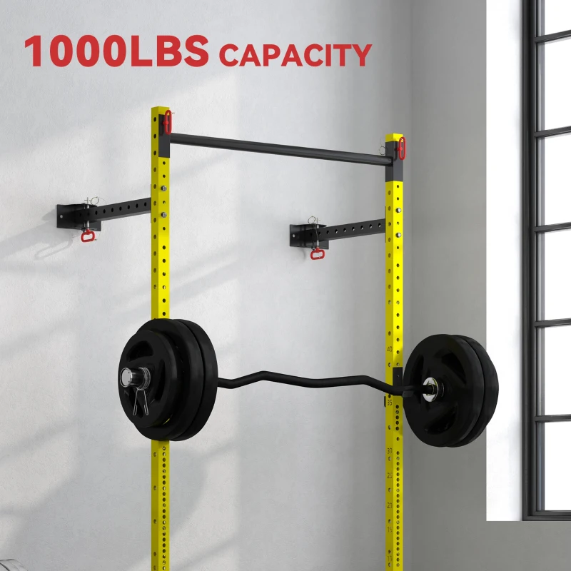 Soozier Folding Squat Rack with Pull Up Bar, Wall Mounted and Adjustable, 1000 Pounds Capacity Power Rack, Yellow