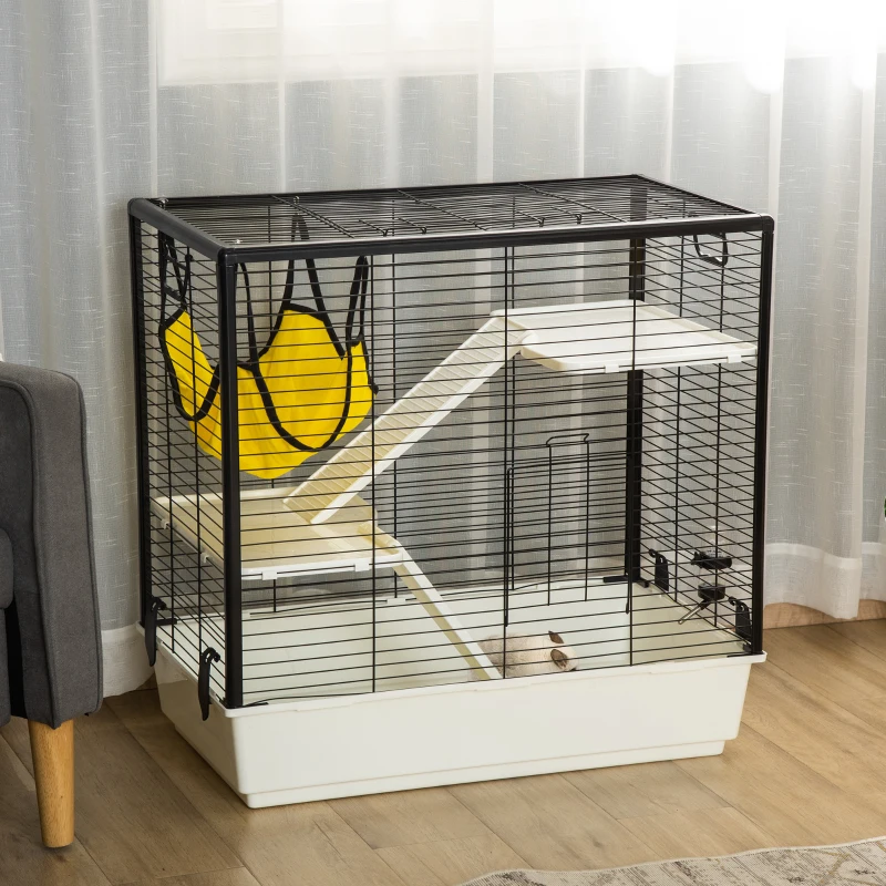 PawHut Small Animal Cage Habitat Indoor Pet Play House for Guinea Pigs Ferrets Chinchillas, With Accessories Hammock Water Bottle Balcony Ramp Food Dish, 31.5", Yellow