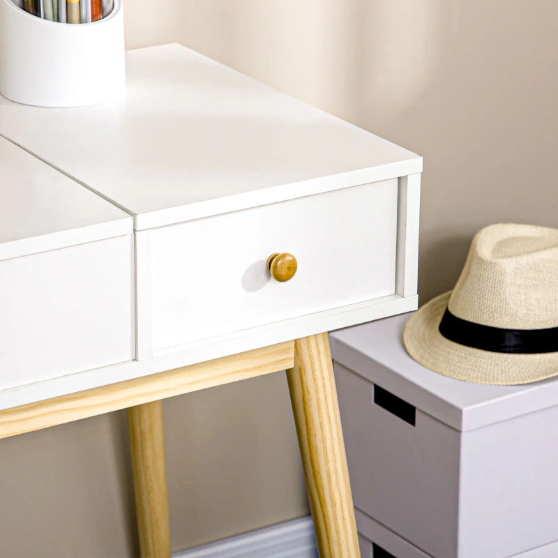 HOMCOM Makeup Vanity Desk with Flip Top Mirror and Cushioned Stool, Dressing Table Writing Desk with 2 Drawers and Storage Grids for Bedroom (White)