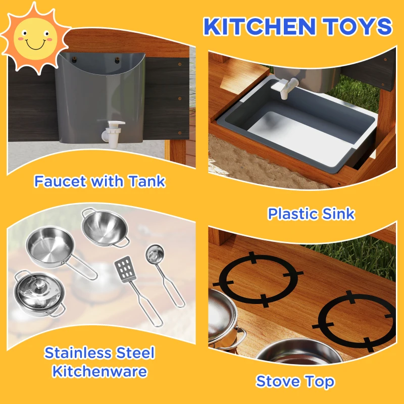 Outsunny Kids Sandbox with Cover Kitchen Playset Toys, Wooden Sand Box with Seat, Storage, for 3-7 Years Old, Red