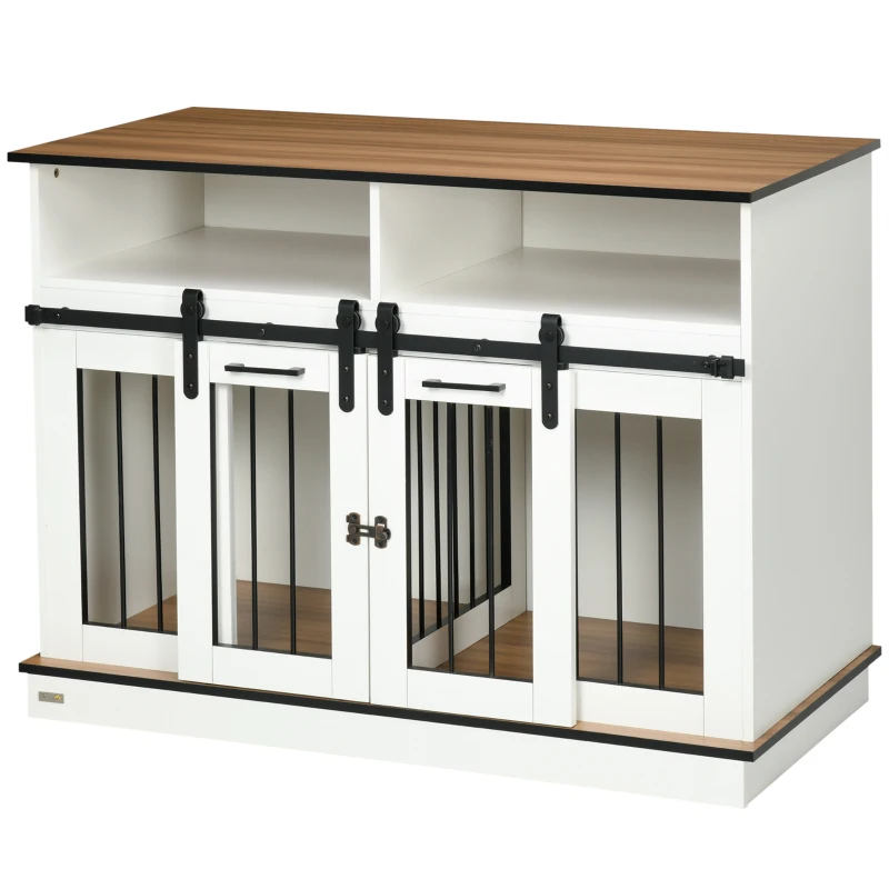 PawHut Dog Crate Furniture for Large Dogs with Removable Divider, Dog Kennel for 2 Small Dogs with Storage, White