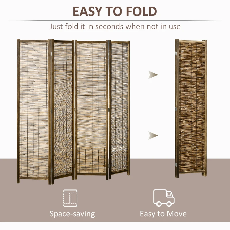 HOMCOM Hand Woven Room Divider, 4 Panel Folding Privacy Screen, Indoor Reed Partition Wall, 63"x67"x0.75", Brown