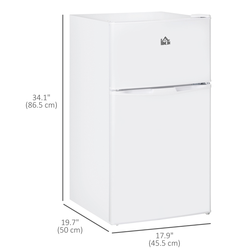 HOMCOM 3.2 Cu Ft Compact Refrigerator, Mini Fridge with Freezer, Adjustable Shelves and Reversible Doors for Bedroom, White