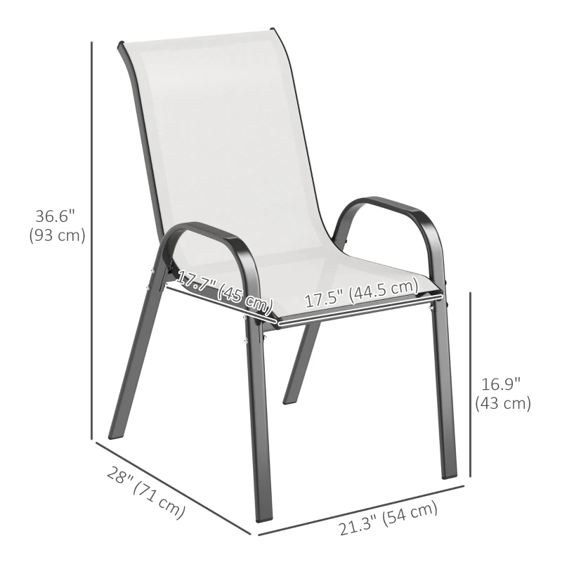 Outsunny Set of 2 Outdoor Dining Chairs, Stackable Lawn Chairs with High Back, Breathable Mesh Seat for Garden Porch, Light Grey