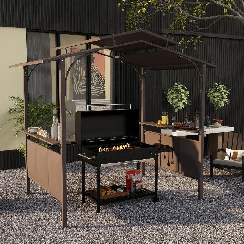 Outsunny 8'x5' BBQ Grill Gazebo, Outdoor Double Tiered Interlaced Polycarbonate Roof with Steel Frame, 2 Side Shelves, Brown