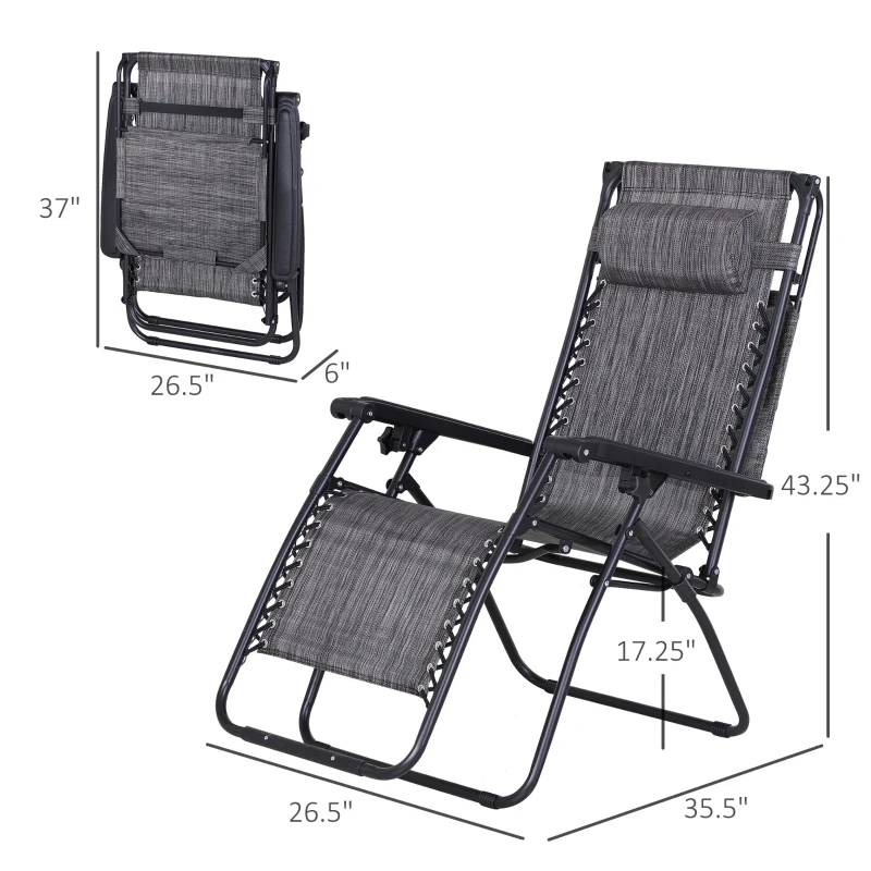 Outsunny 2 Piece Foldable Lounge Chair with Canopy Shade, Outdoor Zero Gravity Chair w/ Side Tray & Cup Holder, Reclining Lounger w/ Breathable Mesh Fabric Seat, Pillow, Dark Grey