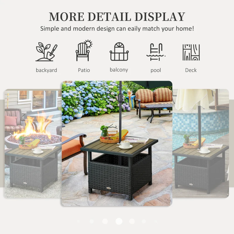 Outsunny 22" Outdoor Side Table with Umbrella Hole, Rattan Wicker End Table with Sand Bag and Steel Frame for Outdoor, Patio, Garden, Backyard, Black & Tan