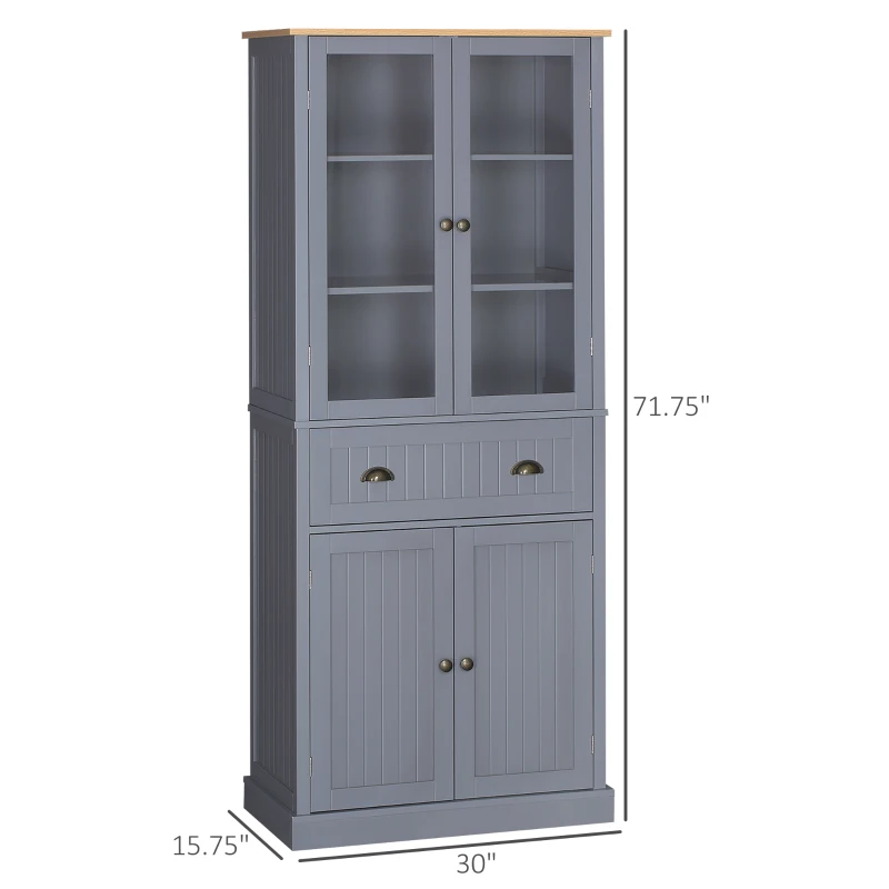 HOMCOM 72" Freestanding Kitchen Pantry Cabinet, Tall Storage Cabinet with Glass Doors, Drawer and Adjustable Shelves for Dining Room, Grey