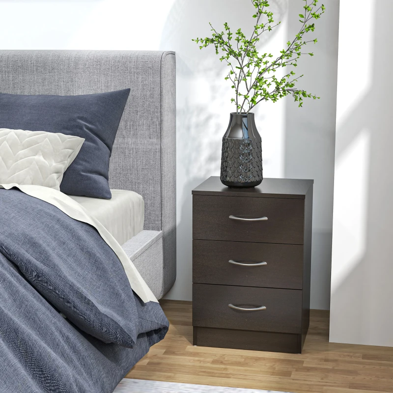 HOMCOM Bedside Table with 3 Drawers, Modern Wood Nightstand, Side Table with Anti-tipping Design for Bedroom, Set of 2, Dark Brown