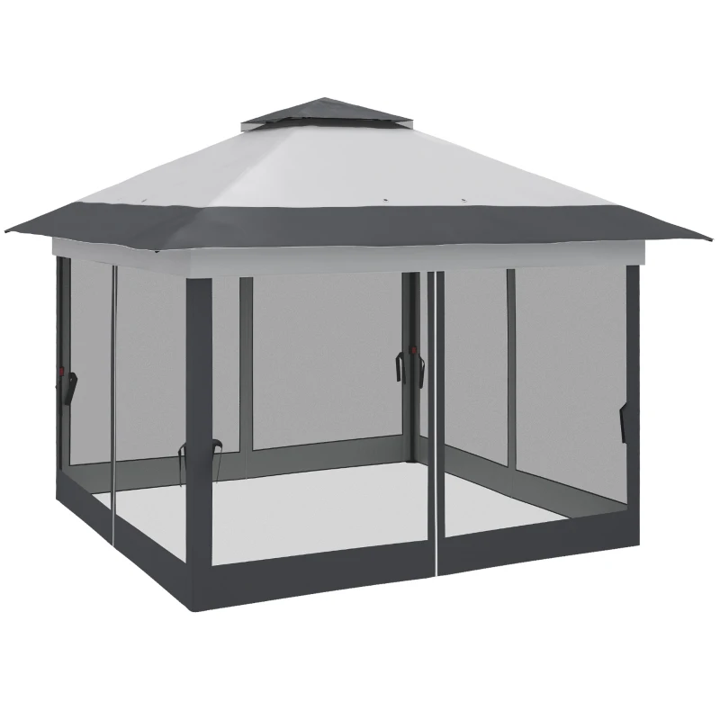 Outsunny 12' x 12' Foldable Pop-up Party Tent Instant Canopy Sun Shade Gazebo Shelter Steel Frame Oxford w/ Roller Bag, Grey
