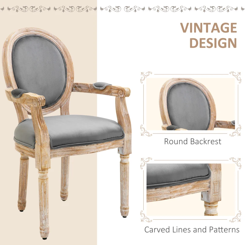 HOMCOM Vintage Dining Chair with Round Back, Thick Sponge Padded Seat and Section Armrest with Wood Frame, Gray