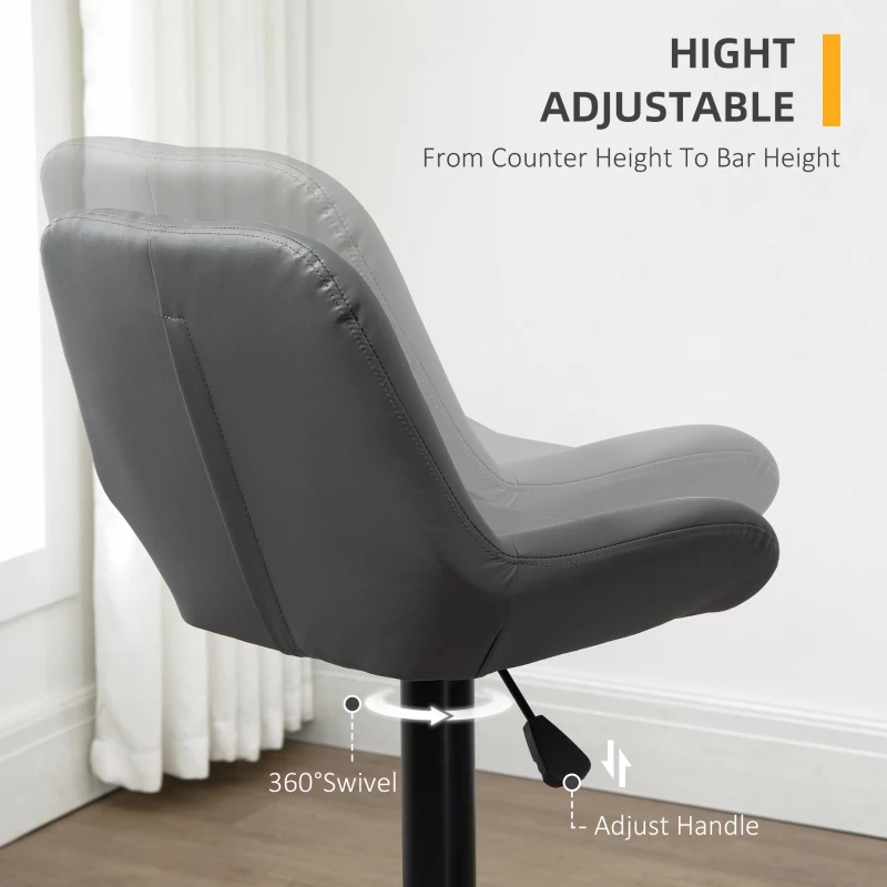 HOMCOM PU Leather Bar Stools Set of 2, Adjustable Height Swivel Bar Chairs with Footrest for Home Pub Area, Grey
