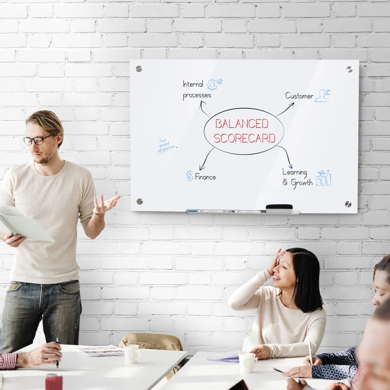 Vinsetto 35.5" x 23.5" Glass Magnetic Dry Erase Whiteboard, Frameless Board on Wall, with Dry Eraser, 4 Markers, and Pen Holder, White