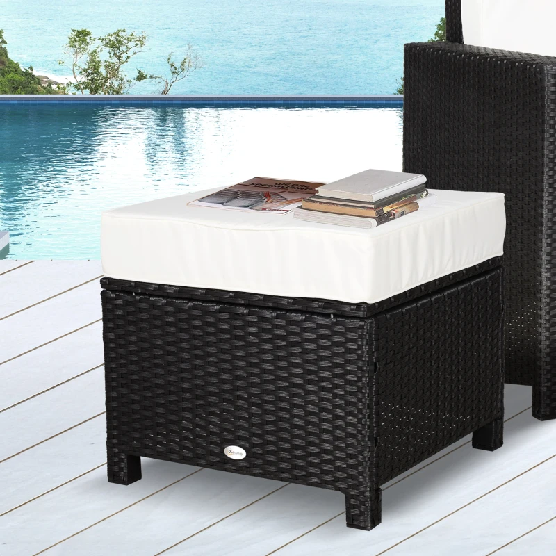 Outsunny 20" Patio Wicker Ottoman, Multipurpose Outdoor PE Rattan Footrest, Additional Seating, Side Table with Soft Cushion, Black, Cream White
