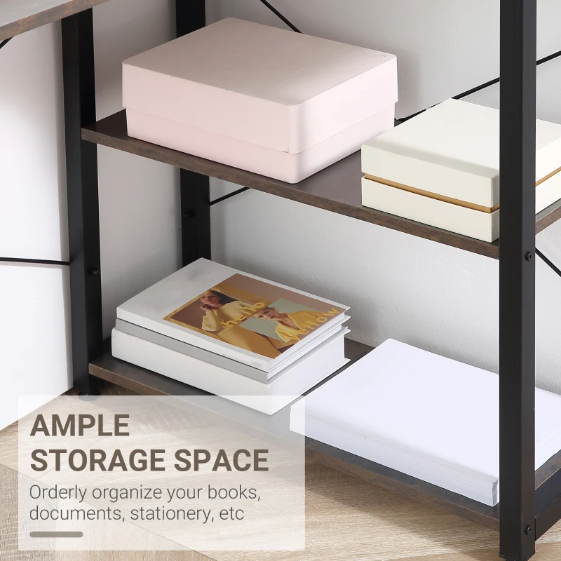 HOMCOM L-Shaped Computer Desk Home Office Corner Desk Study Workstation Table with 2 Shelves, Steel Frame, Brown