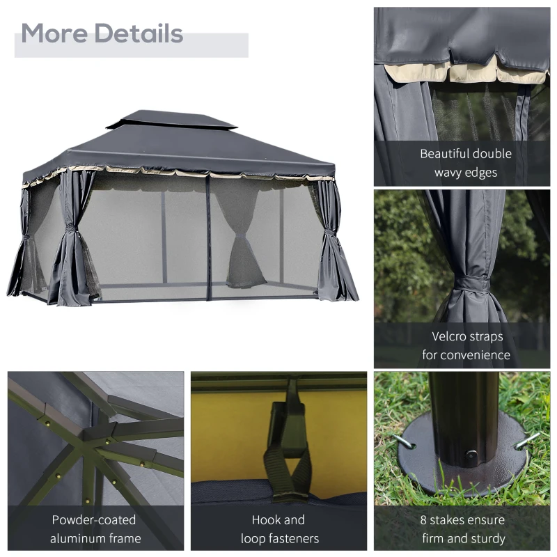 Outsunny 13' x 10' Outdoor Patio Gazebo Canopy with 2-Tier Polyester Roof, Vented Mesh Sidewall & Strong Aluminum Frame, Black