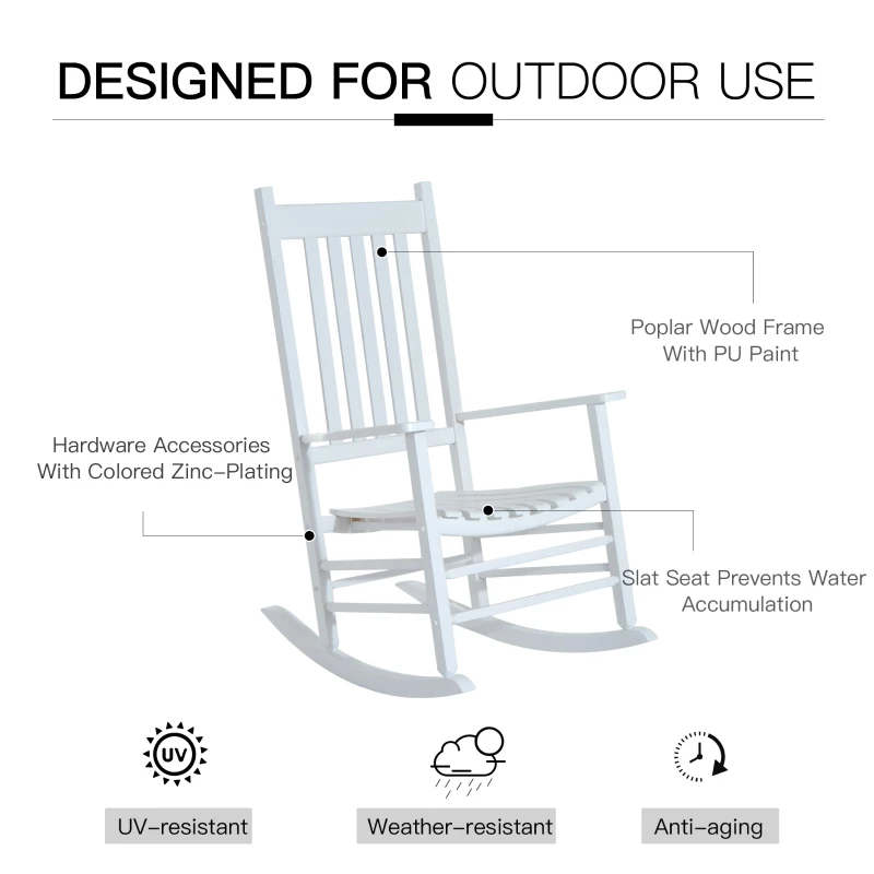 Outsunny Outdoor Rocking Chair, Patio Wooden Rocking Chair with Smooth Armrests, High Back for Garden, Balcony, Porch, Supports Up to 352 lbs, White