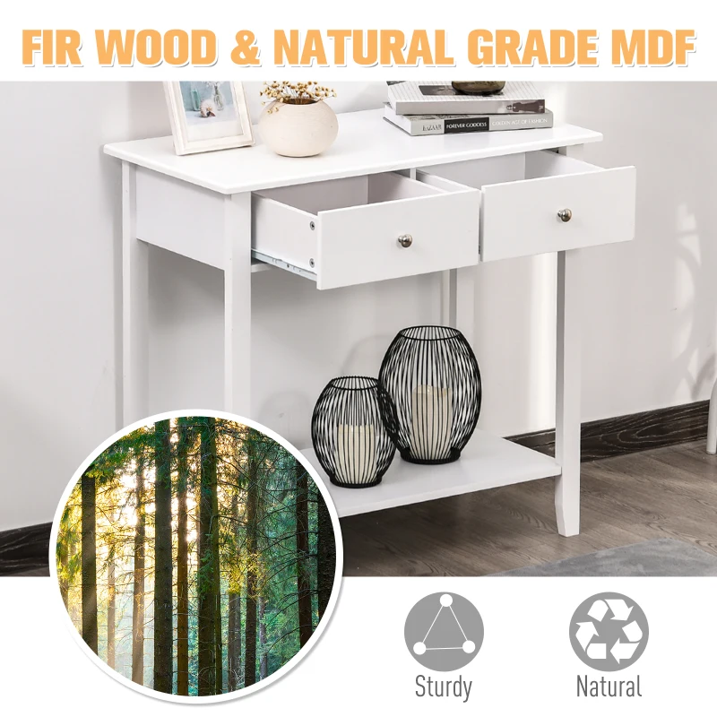 HOMCOM Console Table, Modern Entryway Table with Storage Drawers, Bottom Shelf and Wooden Legs, 31.5" Sofa Side Desk for Living Room, White