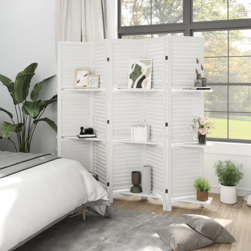 HOMCOM 5 Panel 67" Tall Wood Privacy Screen Room Divider with 3 Shelves and Folding Storage for Bedroom, White