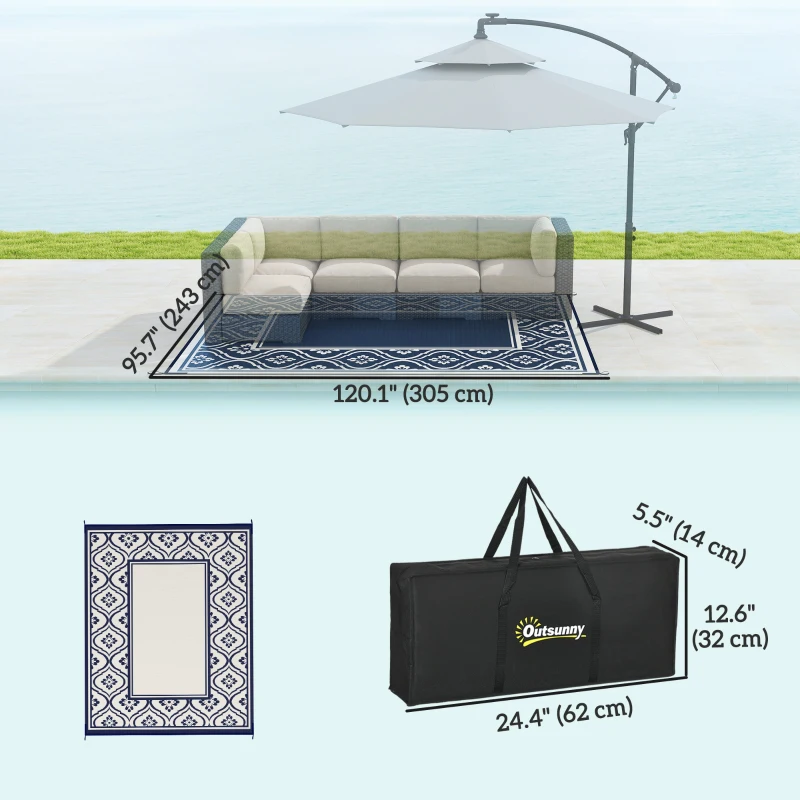 Outsunny 8' x 10' Outdoor RV Rug, Reversible Patio Floor Mat with Carry Bag, Gourd Border, Blue and White