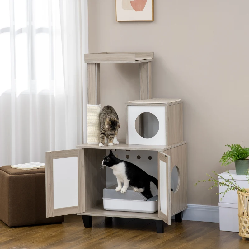 PawHut Cat Litter Box Enclosure Furniture with Cat Tree, Hidden Litter Box with Scratching Post, Bed, Modern Cat House Indoor, Gray